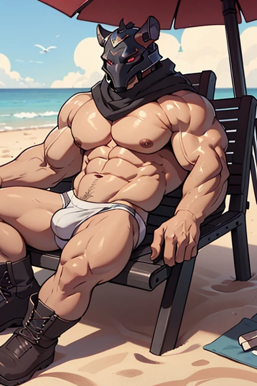 Best quality,masterpiece,4k,8k,highly detailed,detailed face,realistic proportions,sharp focus,male focus,musclar bodybuilder,human,long beard,smiling,lying in a beach chair,full body,bulging pecs,huge pecs,side view,bulge,white tight thongs,relaxing,hands down,Hands at breast, Vaseraga, helmet, 1boy, extreme detail, by Arka, Red eyes, nude, boots, full body,