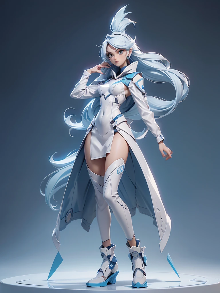 Design a layout showcase Gaming character, (1girl). Blue+white sleek clothes, stylish and unique, ((full_body_shot:1.4)))
