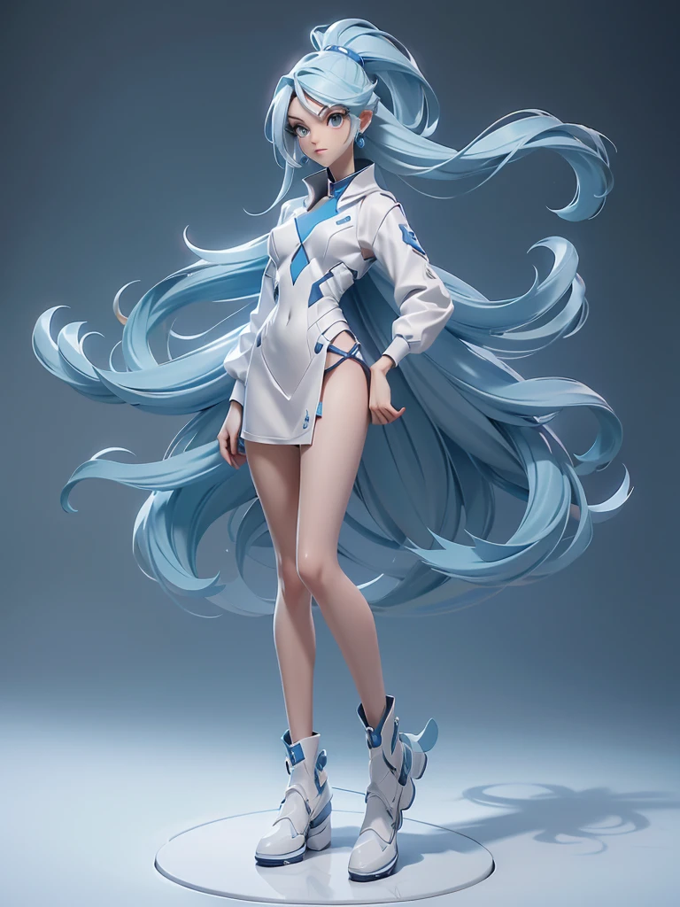 Design a layout showcase Gaming character, (1girl). Blue+white sleek clothes, stylish and unique, ((full_body_shot:1.4)))