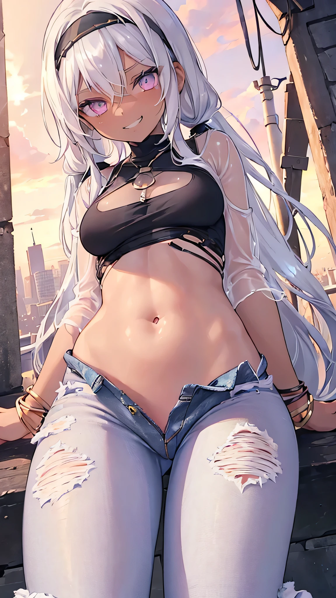 1girl, Angle from below:1.8, The girl bends forward to show off her breasts、legs apart, (Blade), (Tanned shiny black skin:1.6)、Glowing Eyes, ((Sexy evil grin)), ( girl), rainbow color hair、Twin tails、forehead、breasts, pink rips, cape, ((((arabian white clothes, see-through)), (headband), ((ripped low rise jeans)), Jeans are open、small breasts, (jewelry))), ((City)), ((focus crotch)), (crotch), ((sneaker)), ((girl on top)), Angle to look up at the crotch、