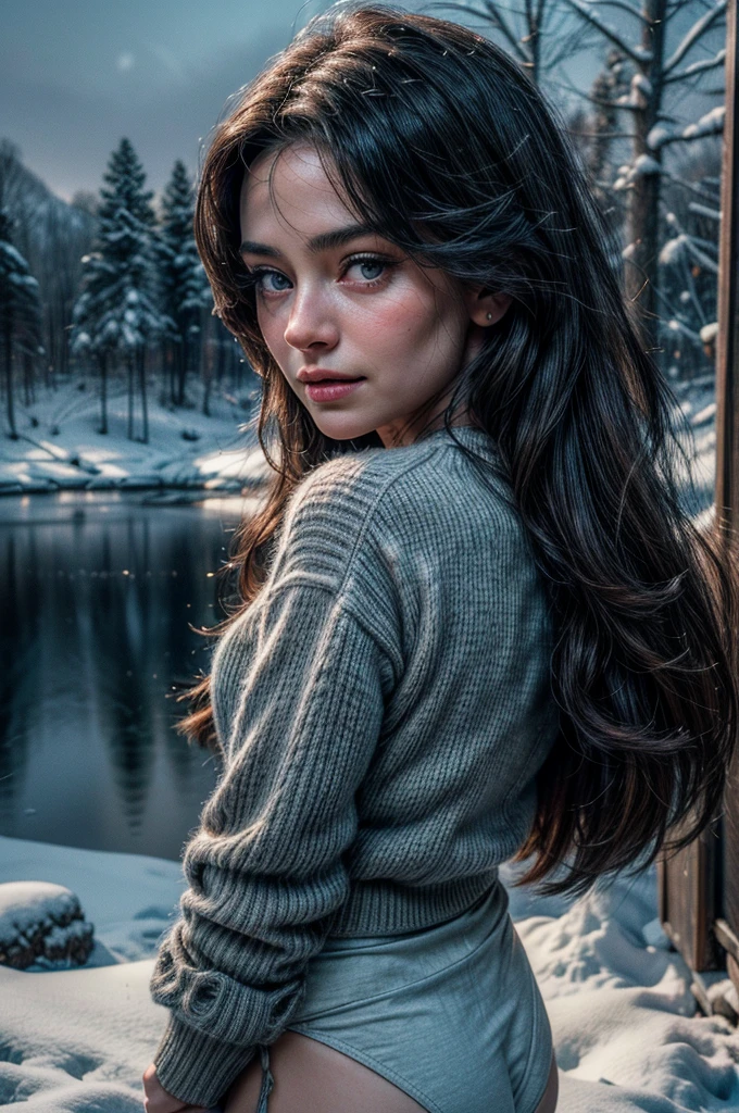 a mature 40s female teacher, beautiful detailed eyes, beautiful detailed lips, extremely detailed face and skin, long hair flowing down shoulders, teasing smile, satin panties, looking back coyly, (best quality,4k,8k,highres,masterpiece:1.2),ultra-detailed,(realistic,photorealistic,photo-realistic:1.37),beautiful lighting,dreamy atmosphere,cinematic,high quality portrait,elegant,sensual,provocative a snowy winter landscape in siberia, snow covered pines, frozen lake, beautiful detailed sky, dramatic lighting, highly detailed, (best quality,4k,8k,highres,masterpiece:1.2),ultra-detailed,(realistic,photorealistic,photo-realistic:1.37),stunning scenery, soft lighting, atmospheric, cinematic composition, muted color palette, cold tones