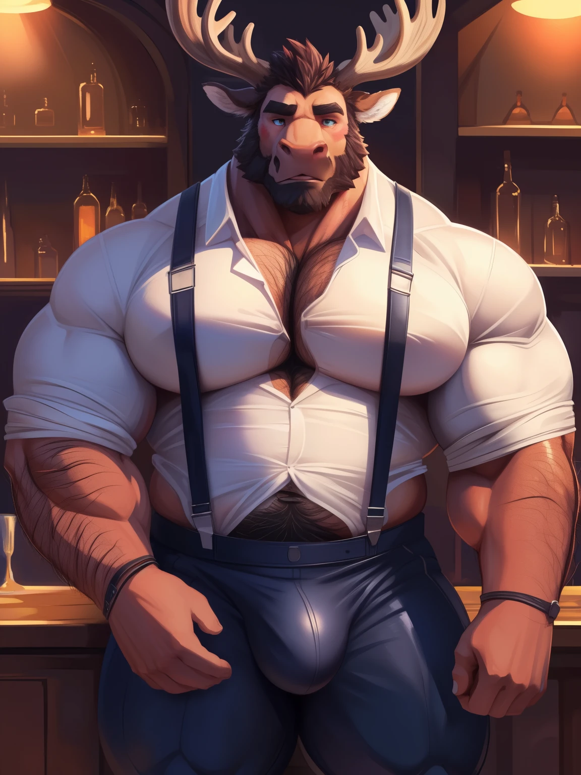 indong, lucusold, lanxus, a man with a muscle, furry deer wearing ((super tight white shirt with suspenders:1.2)), big moose antlers, human face, bulge, bar, bartender, ((muscular, hefty pecs, hairy torso, six pack):1.3), shy, blushed cheeks, bearded , thicc, lowres, giant and muscular, danbooru and artstation, heavy detailed, insanely inflated hips, proportionally arms, commission for high res, detailed but rough, semirealistic:1.3