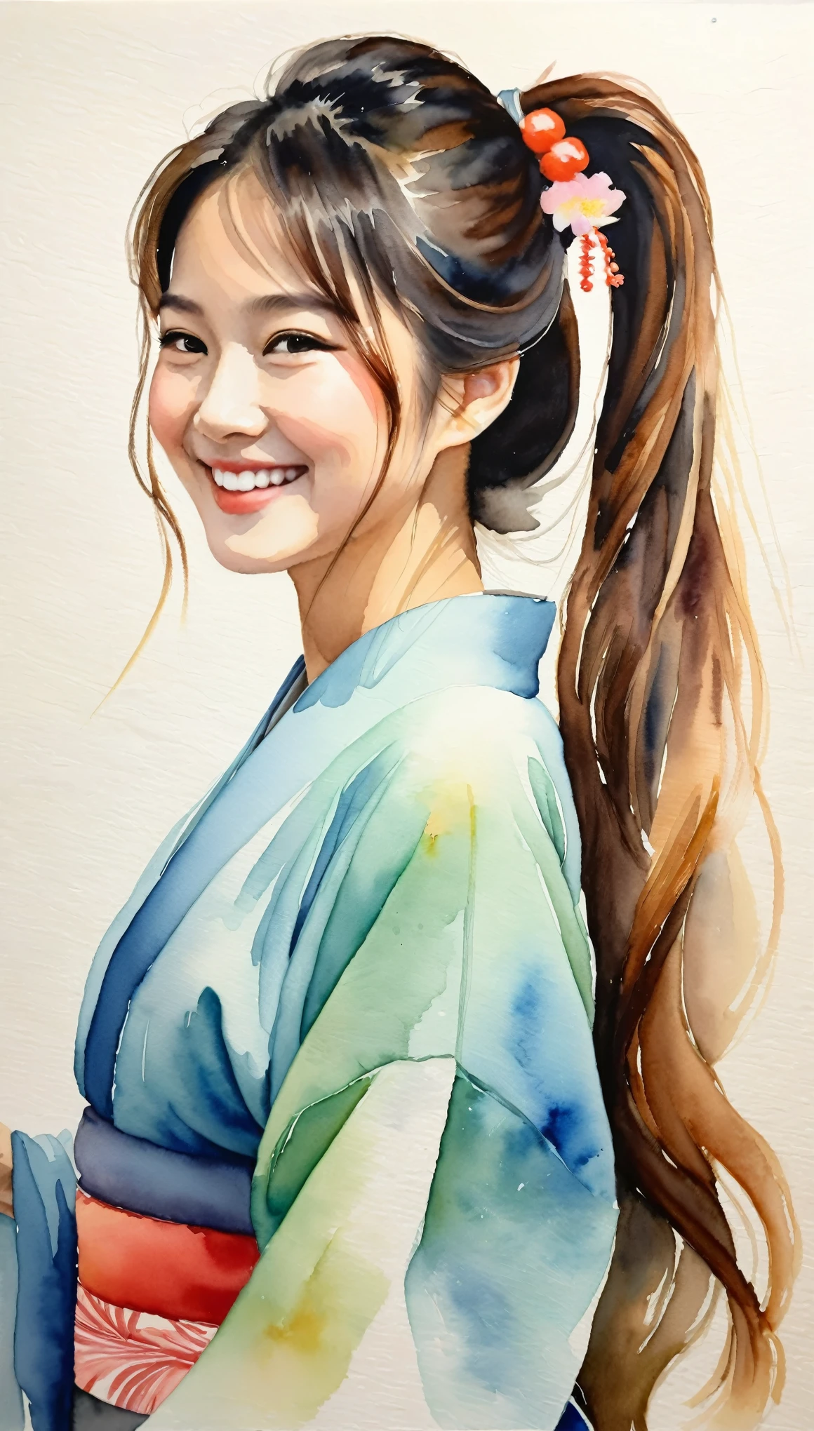 masterpiece,Acrylic watercolor painting of a smiling Japanese woman,Long ponytail,(Beautiful gradation created by layering),(Tarashikomi technique),A delicate touch