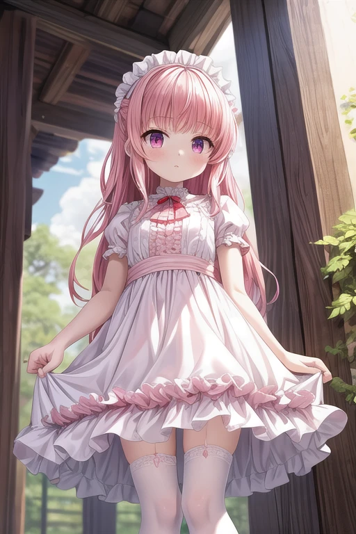 (Artwork, best quality), 1 girl, pink and white dress with ruffles, (white stockings), Red hair, longye hair,  cute face, standing, hinterland, details Intricate, sun lighting, violet eyes