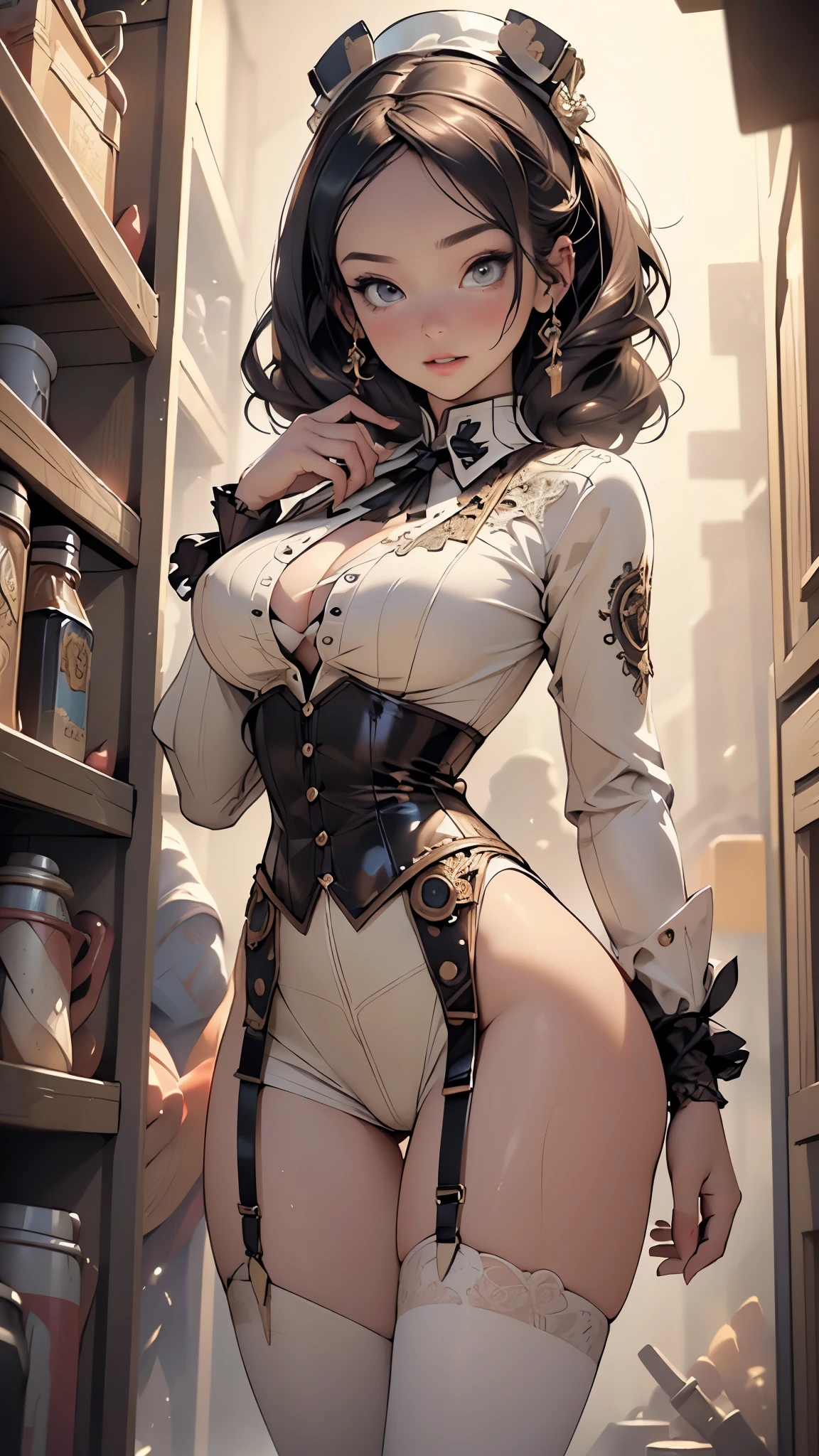 (((((Ada Lovelace))))),steampunk girl,(((1girl))),((beautiful girl with steampunk dress)),
(large breasts:1.4),saggy breasts,(((lustrous skin:1.5,bright skin: 1.5,skin tanned,shiny skin,very shiny skin,shiny body,plastic glitter skin,exaggerated shiny skin,illuminated skin,wet legs))),(spider lower abdomen,narrow waist,wide hip,athletic body,inflated legs, thick thighs,detailed body,(detailed face)),
cute,slutty,seductive,erotic,(((nsfw))),
Victorian fashion,steampunk fashion, elegant and sophisticated, long and tight suit, corset, wide skirt, long sleeves, wide neckline,((intricate outfit,intricate clothes)),
(dynamic pose:1.0),solo focus,embarrassed,(centered,scale to fit dimensions,Rule of thirds),
inside,indoor,((cozy steampunk room)),scenery:1.25,((intricate scenery)),((steampunk decorations)),
(Glossy steampunk ornaments),highres,sharp focus,(ultra detailed,extremely detailed),(photorealistic artwork:1.37),(extremely detailed CG unity 8k wallpaper),(((vibrant colors,vibrant theme))),(intricate),(masterpiece),(best quality),artistic photography,(photography taken by sldr),(intricate background),perfect rendered face,perfect face details,realistic face,photo realistic,((intricate detail)),(((realism))),