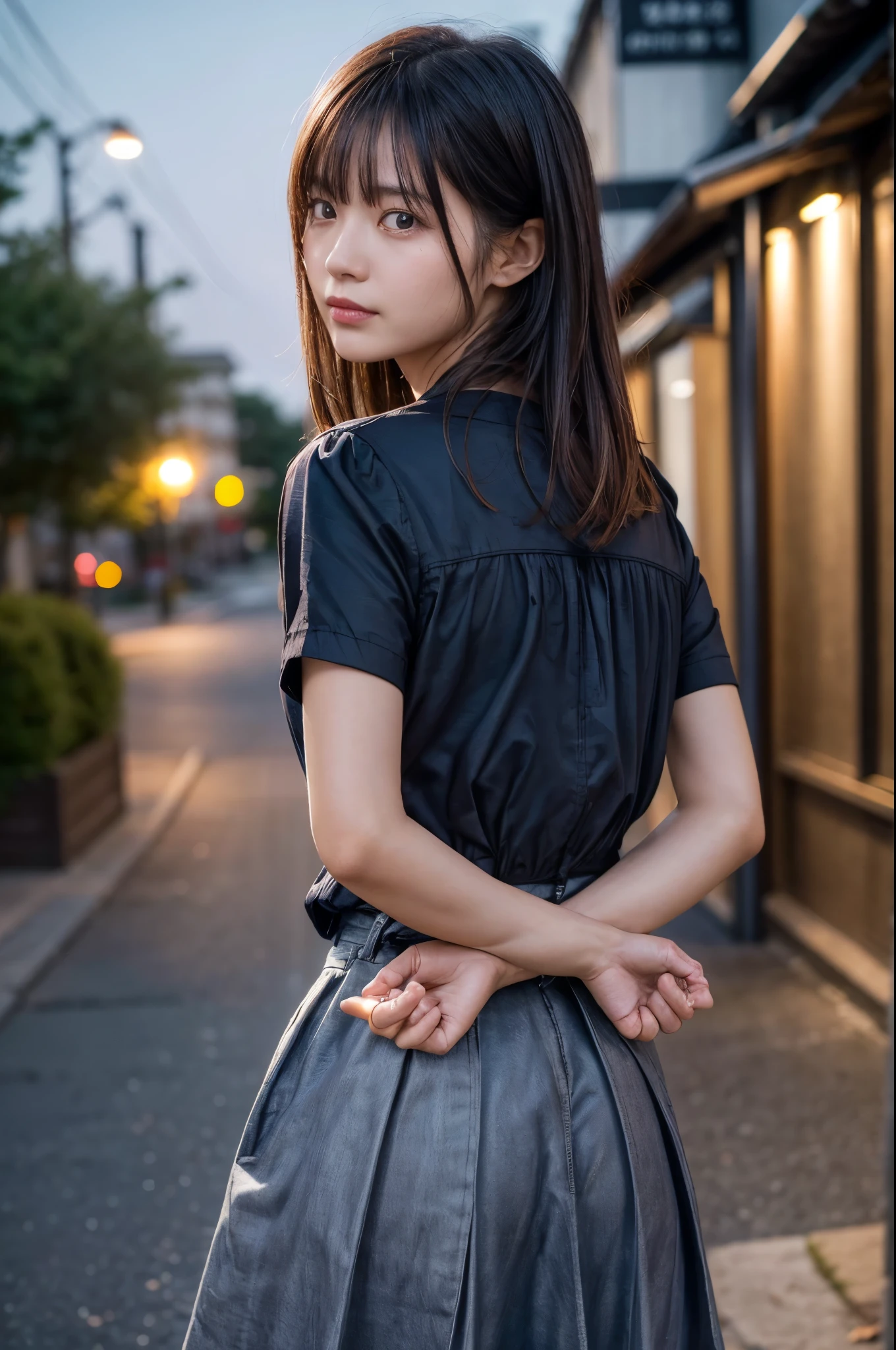 The woman has her hands tied、((Put your hands behind your back))、((Place your hands together and cross them behind your back))、((Her wrists are tied with rope))、Beauty、20age、university student、(anatomicaly, Has two arms and two hands)、Standing on a hill at night、There are a lot of trees、Beautiful night sky、There are many stars、A strong wind is blowing、Wearing a short-sleeved blouse、Wear a long skirt、Uniform eyes、Proportioned proportionedium build、Small breasts、Small face、(I can see from head to heel), Black Hair, bangs, swept bangs, Straight hair, Nervous, Messy Hair, Floating hair, Cinema Lighting, tachi-e, First-person view, throw, From behind, F/1.2, Nikon, Cowboy Shot, Surrealism, 超High resolution, Highest quality, High resolution, 8k, Textured skin, anatomicaly正しい体,