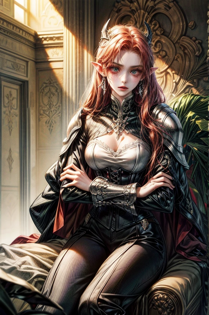 solo, 1woman, red hair, volumous hair, long hair, amber eyes, (pointy ears: long pointy ears curved at the end), alluring body, natural body markings, small horns, long demon tail, medium perky breasts, BREAK earrings, silver jewelry, assassin clothes, silver detailed clothes, leather armor, black corset, underbust, long sleeves, black leather gauntlets, black pants, black leather greaves, BREAK rapier sheathed at the waist, BREAK castle wall background, BREAK crossed arms, sitting, leaning against the wall, looking at ground BREAK full body image