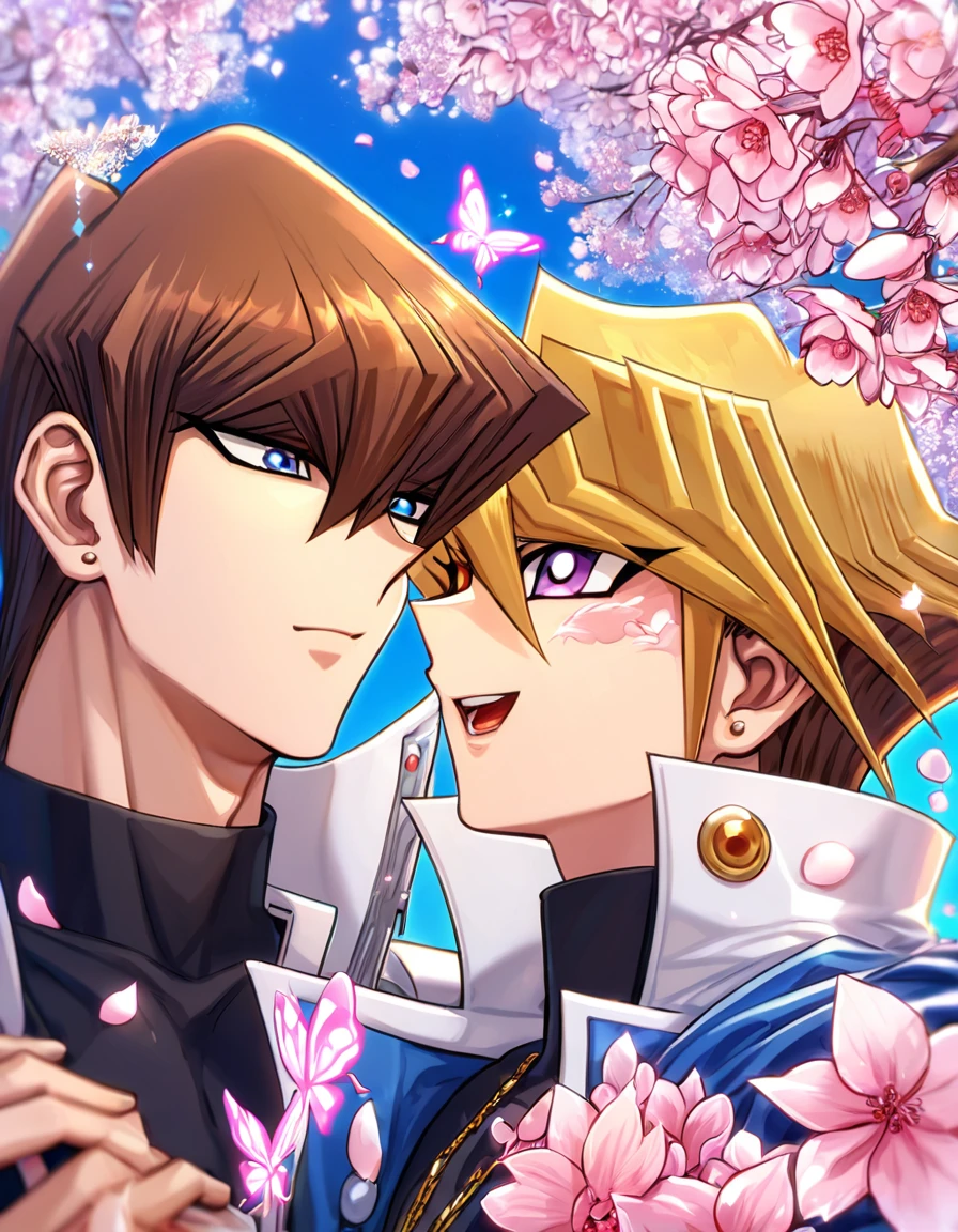 absurdres, highres, ultra detailed, HDR, master piece, best quality, extremely detailed, Yami Yugi, blonde hair, expressive purple eyes, Yu-Gi-Oh, Kaiba Seto, brown hair, expressive blue eyes, two sexy men together, yaoi, gay couple, handsome, handsome smile, sensual, white coat, black shirt, blue cape, magical, sparkling, pink glittering fireflies, pink ice, pink ice butterflies, pink ice petals, pink ice cherry blossoms, pink crystal, pink flowers