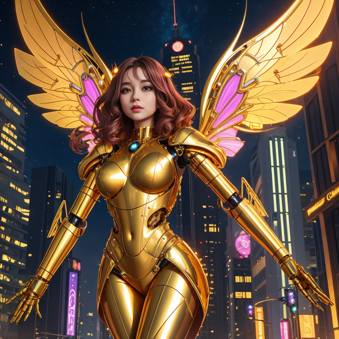 a beautiful fairy goddess, medium hair, Body cute, golden shiny wings , wearing a futuristic cybernetic dress in a futuristic city