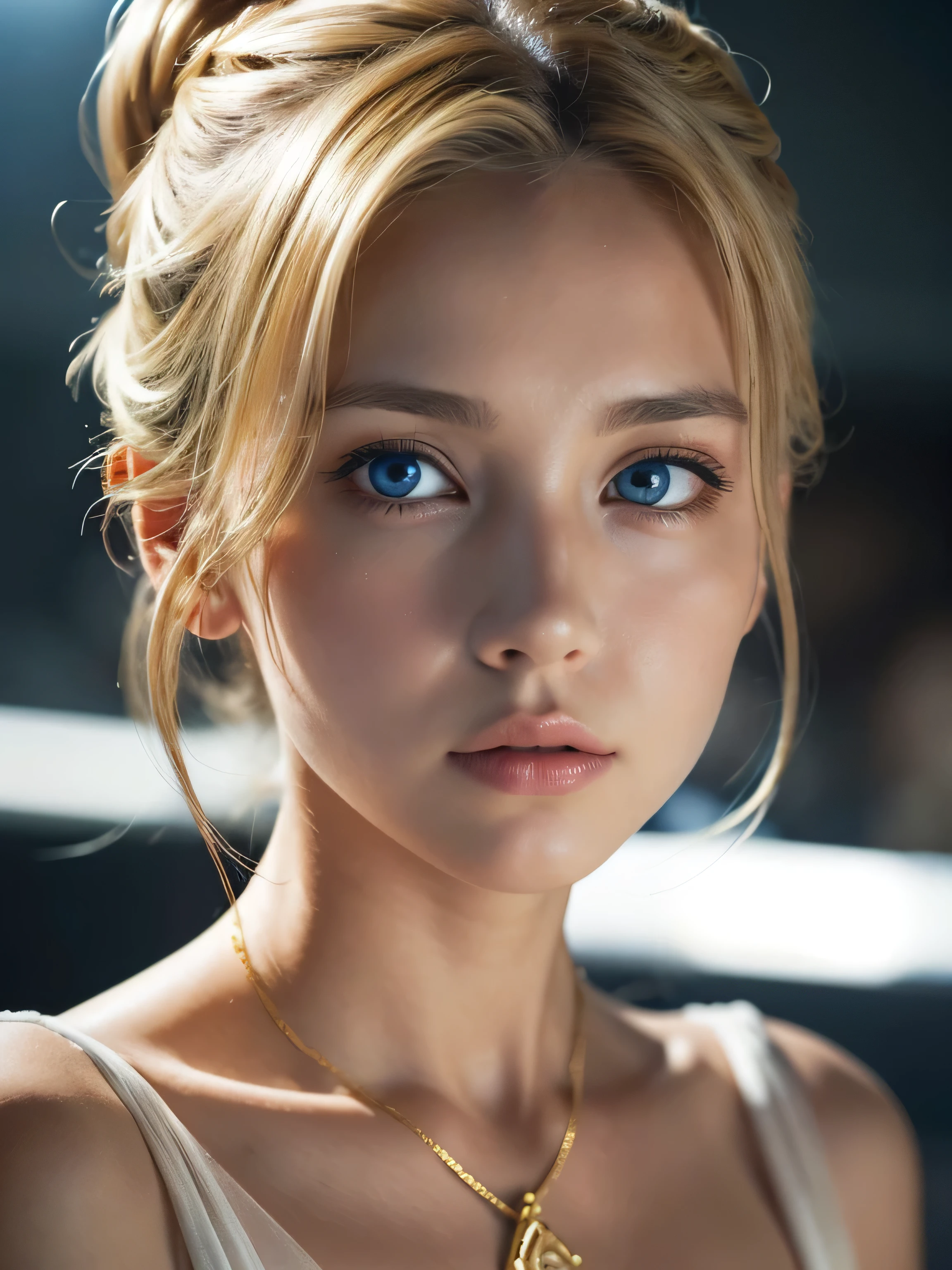 A photorealistic masterpiece: A close-up portrait of a stunning Italian woman. Her twintails blonde hair is tied up in an intricate updo hairstyle, framing her luminous complexion and piercing blue eyes with eyeliner and painted lips. She gazes directly at the viewer, showcasing her huge breasts adorned with gold jewelry. The cinematic lighting casts dynamic shadows, emphasizing her fresh, very clean appearance.A devastated young woman sits amidst the rubble, her sorrow etched on her face as she awaits rescue. In a close-up shot, her tears glisten in the dimly lit surroundings, highlighting the scars on her cheek and forehead. The framing captures her anguish, with the ruins serving as a somber backdrop.