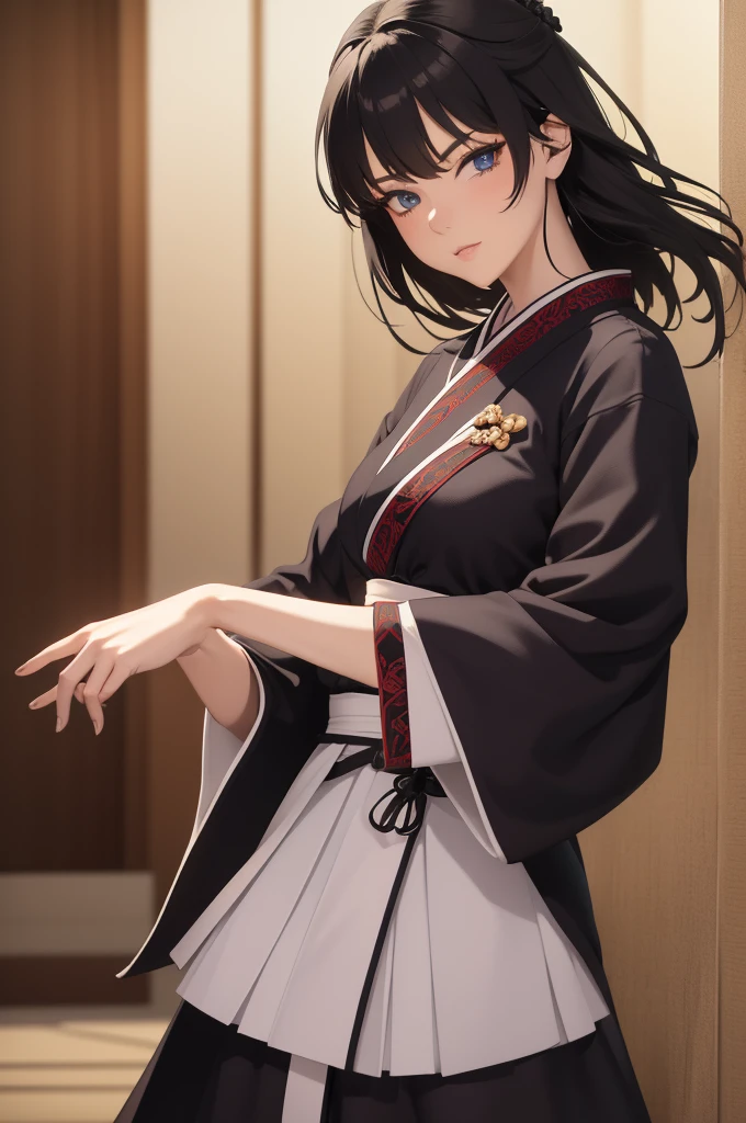 Fantasy RPG character, 26-year-old woman, samurai, sword, Japanese clothing,black hair, ((anime)), ((best qualtiy, 8K, tmasterpiece:1.3)), Focus:1.2, perfect figure beautiful woman:1.4, 1woman, cowboy shot, look at viewer, eyes facing the camera, incredibly absurd, beautiful and cute woman, showcasing top-quality craftsmanship, cute, neat,pretty