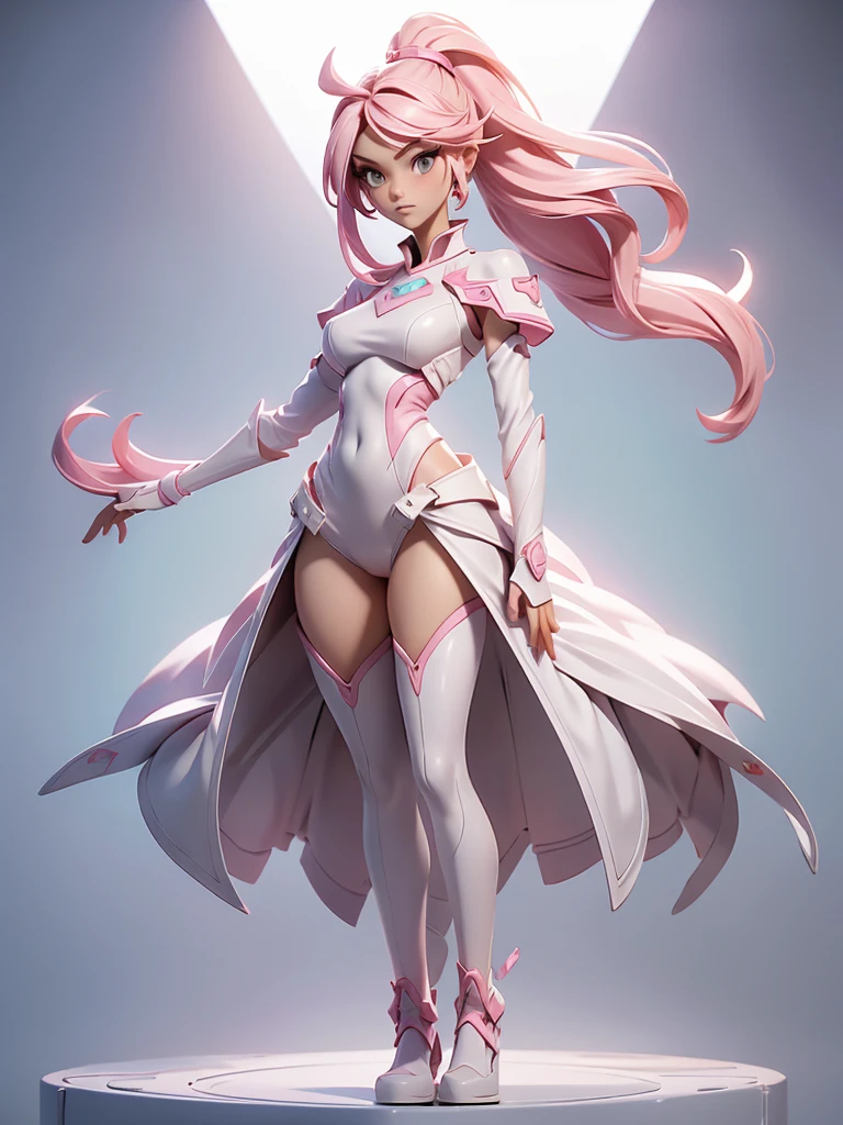 Design a layout showcase Gaming character, (1girl). Pink+white sleek clothes, stylish and unique, ((full_body_shot:1.4)))