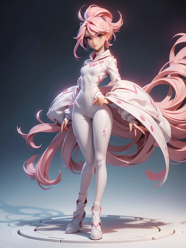 Design a layout showcase Gaming character, (1girl). Pink+white sleek clothes, stylish and unique, ((full_body_shot:1.4)))
