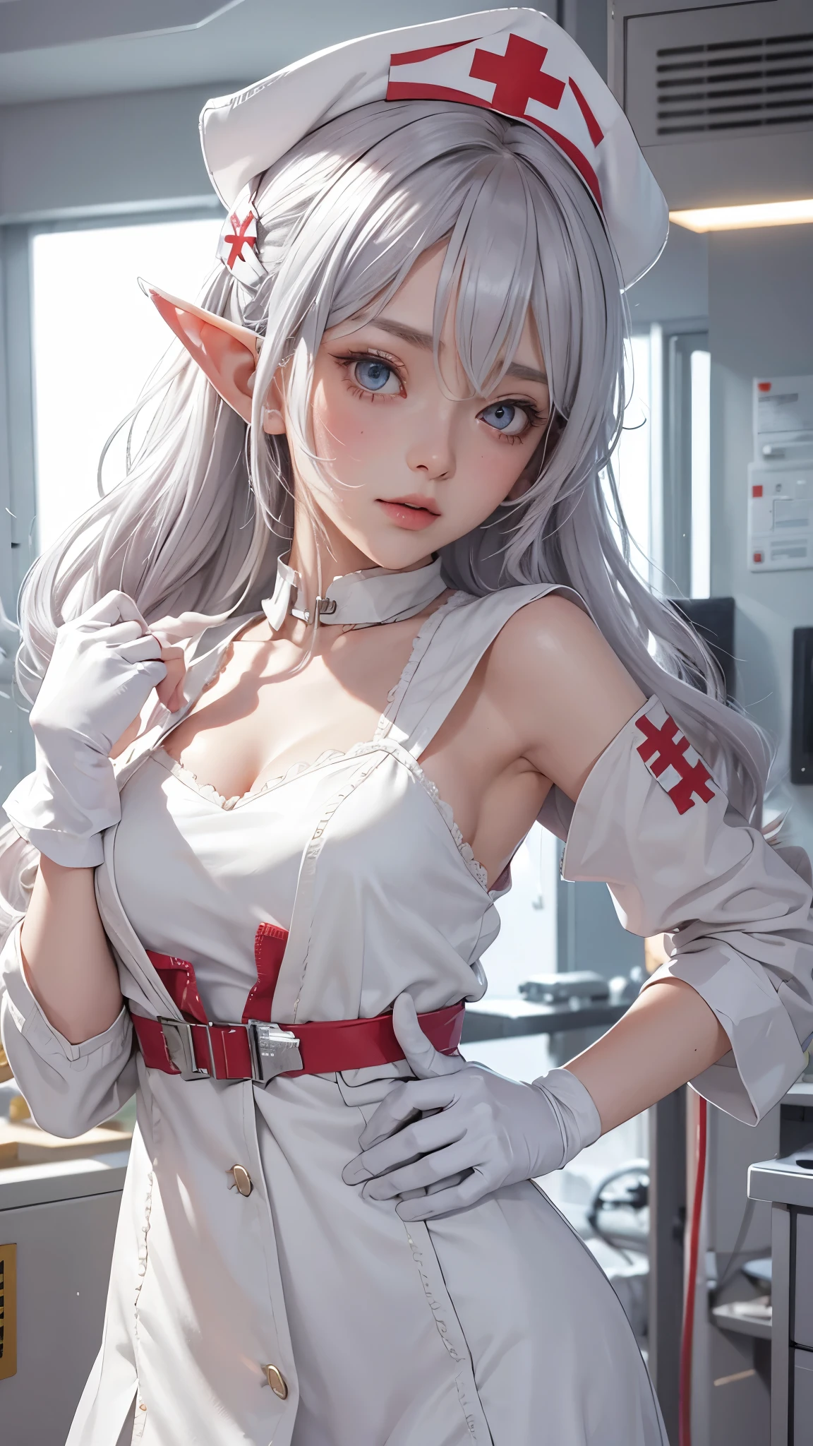 source_anime, elf, 1girl, nurse, white dress, nurse cap, solo, smug, blush, silver hair, hair clip, various hairstyle, cleavage, open clothes, hand on own hip, medical gloves, bent over, hospital, medical operating room
