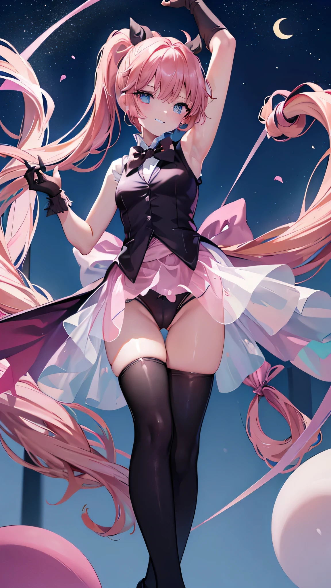 1girl, Angle from below:1.8, The girl bends forward to show off her breasts、Standing、Spread your legs, (shiny white skin:1.6)、Glowing Eyes, ((Sexy evil grin)), ( girl), Kaito Saint Tail、ponytail、breasts, pink rips, garter belt, ((((Velvet sleeveless vest, see-through)), (Velvet long gloves), (Velvet bow tie), small breasts, (Pink flared skirt)、Shiny black thigh-high socks))、thighs, ((black pantie)), ((The chest buttons are open)),The area between her breasts is exposed、 (crotch),((foot)), ((girl on top)), 1boy, penis, eject cum, Angle to look up at the crotch、Moonlit Night、Building district、rooftop、(focus crotch), (have a whip)、She is standing and giving a footjob to the penis、(footjob), 1boy, penis, ((eject cum)),