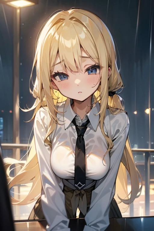 Blonde medium-long hair、beautiful girl、Big Breasts、high school girl、shirt、White Shirt、tie、rain