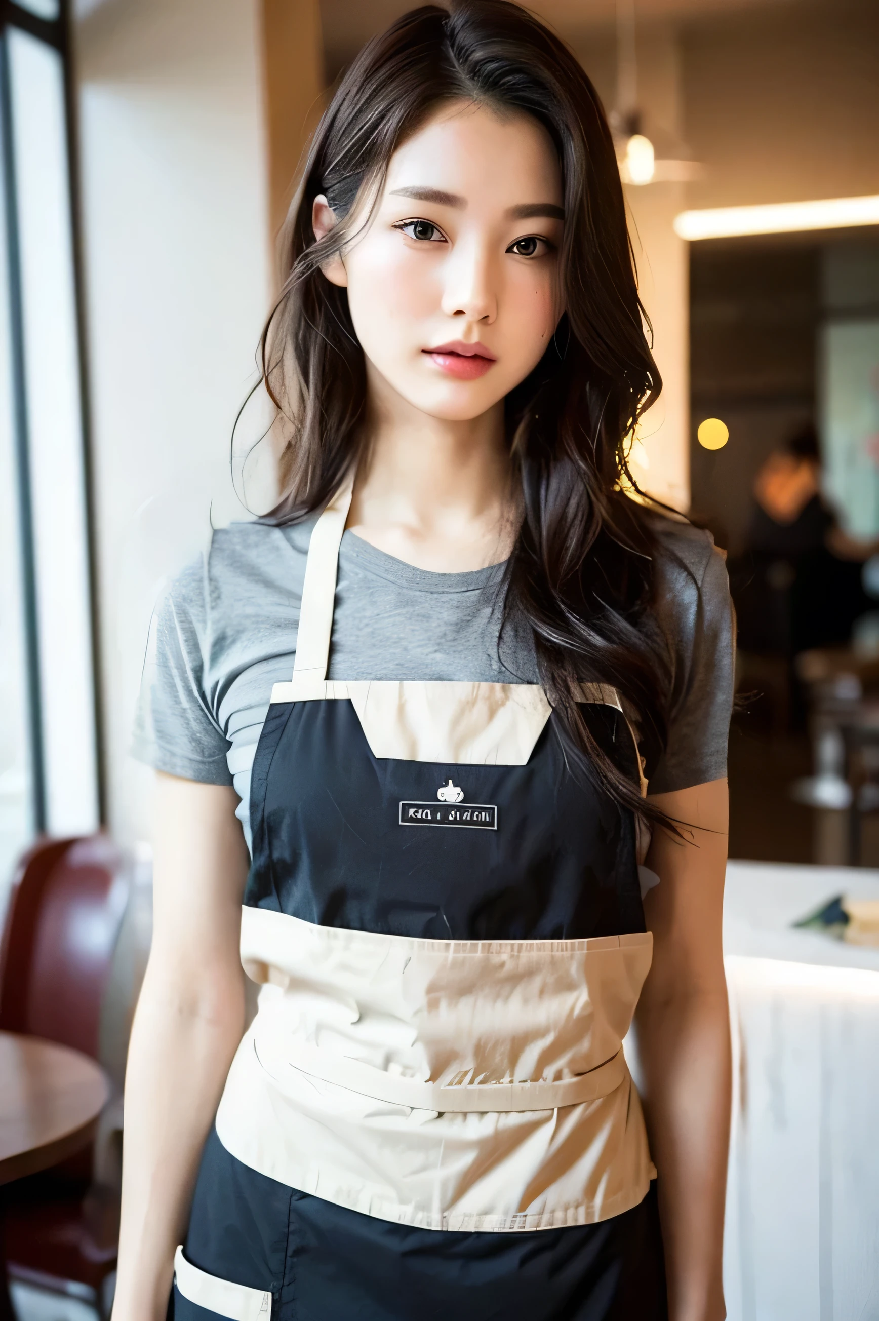 Wearing a cafe employee uniform,apron,