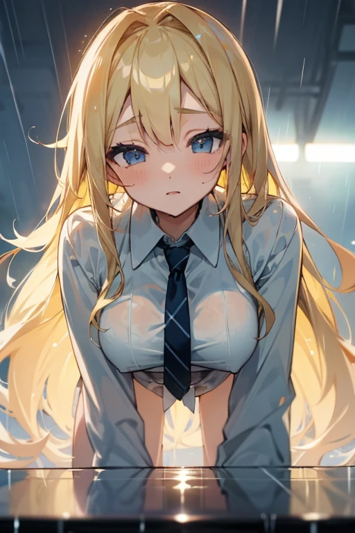 Blonde medium-long hair、beautiful girl、Big Breasts、high school girl、shirt、White Shirt、tie、rain