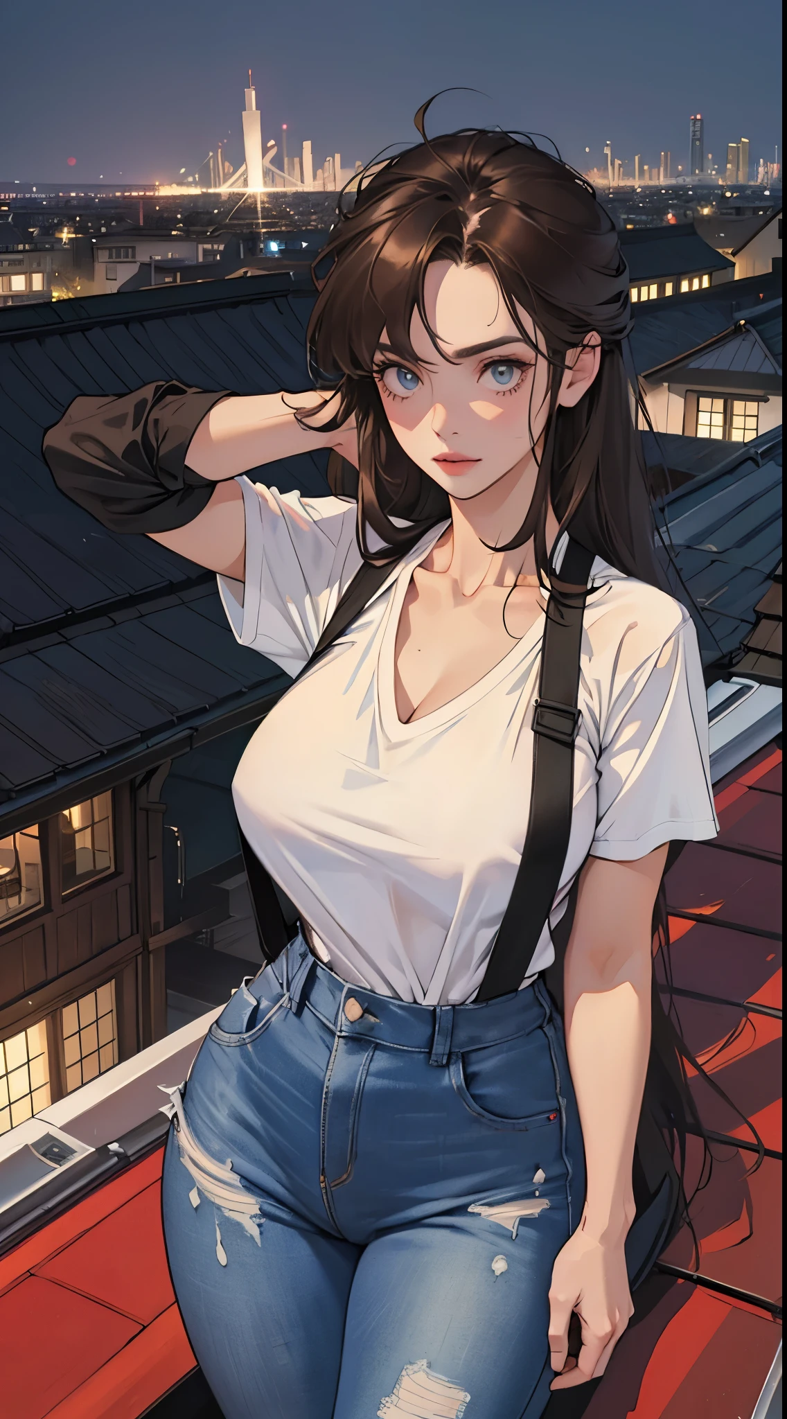 ((Midnight, Best quality, 8k, Masterpiece :1.3)), Whole body, Long legs, Sharp focus :1.2, A pretty woman with perfect figure :1.4, Slender abs :1.1, ((Dark brown hair,Gigantic breasts :1.2)), (White tight tshirt, Jean bib, Standing:1.2), ((Night city view, Rooftop:1.3)), Highly detailed face and skin texture, Detailed eyes, Double eyelid