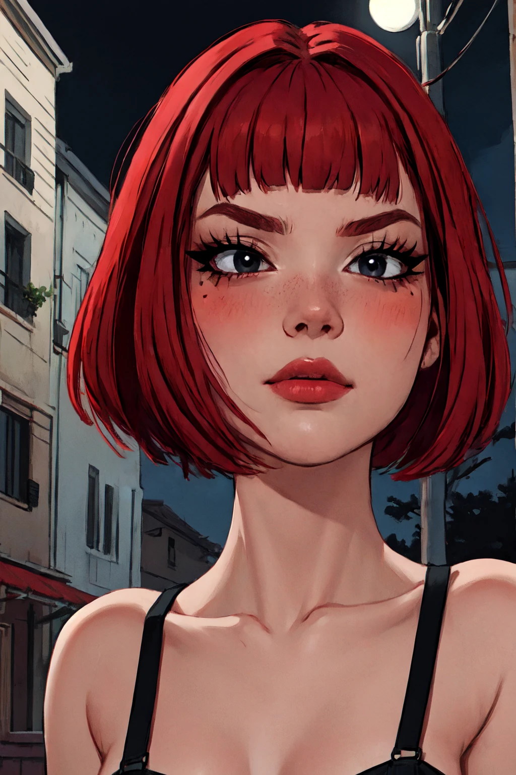 1woman, 35 years old, solo, skinny, red hair, black eyes, eyeliner, looking at viewer, lips, red bob cut, blunt bangs, blush, standing, upper body, face focus, outdoors, tec \(theme\), night, large breats, 