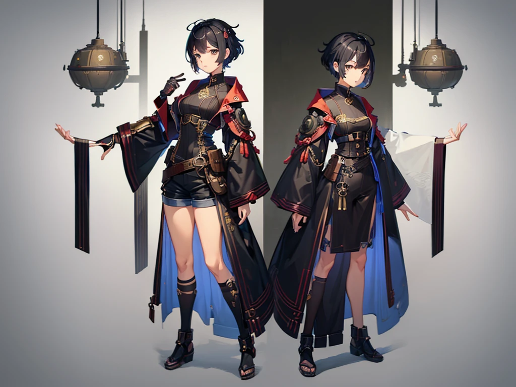 (((三面figure, 正面figure, 側面figure, 背面figure, Multiple Views)), Concept Art, character Concept Art, Character Sheet, whole body, figure, (Simple Background, Gray background), one character, One woman, Fantasy art:1.1), Small breasts、short hair、Distant eyes、Big Mouth、Low Nose、Shorts、steampunk
