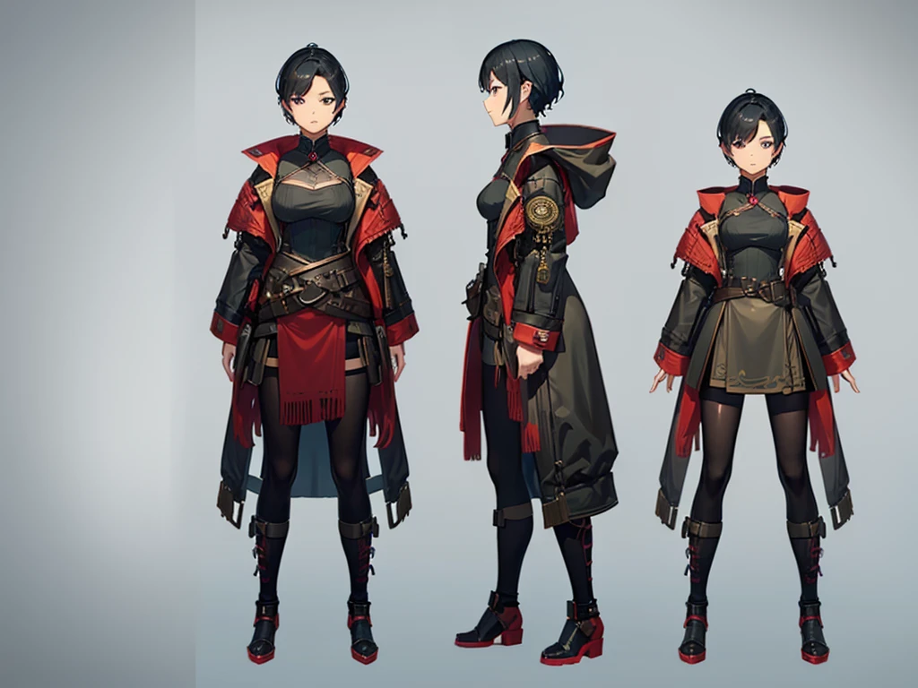 (((三面figure, 正面figure, 側面figure, 背面figure, Multiple Views)), Concept Art, character Concept Art, Character Sheet, whole body, figure, (Simple Background, Gray background), one character, One woman, Fantasy art:1.1), Small breasts、short hair、Distant eyes、Big Mouth、Low Nose、Shorts、steampunk