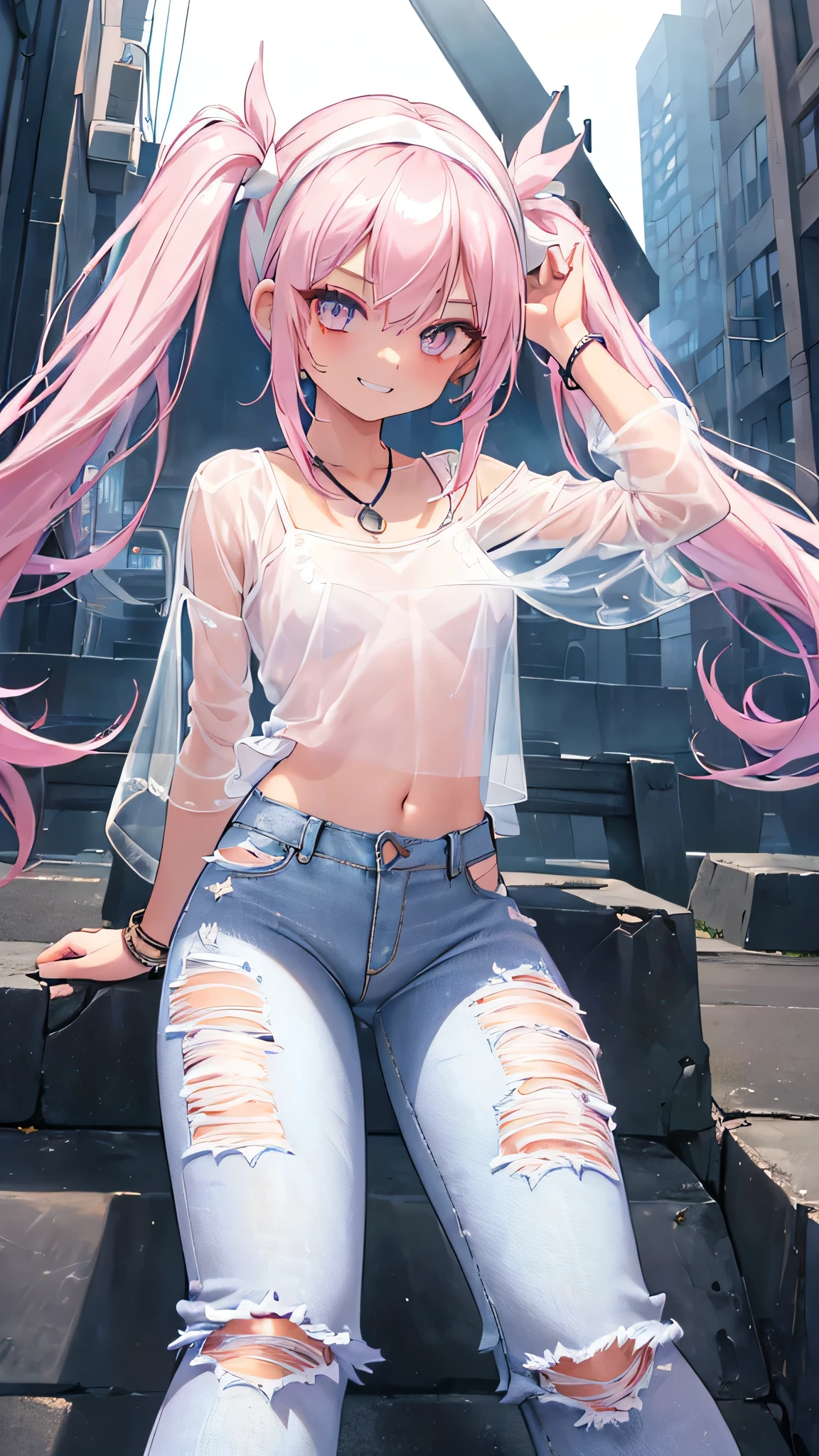 1girl, Angle from below:1.8, The girl bends forward to show off her breasts、legs apart, (Blade), (Tanned shiny white skin:1.6)、Glowing Eyes, ((Sexy evil grin)), (10 years old girl), rainbow color hair、Twin tails、forehead、breasts, pink rips, cape, ((((arabian white clothes, see-through)), (headband), ((ripped low rise jeans)), (Jeans are open)、small breasts, (jewelry))), ((City)), ((focus crotch)), (crotch), ((sneaker)), ((girl on top)), Angle to look up at the crotch、