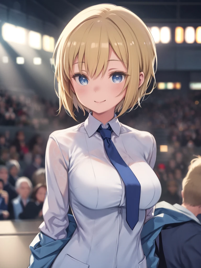 One Girl、Pixie Cut、Blonde Hair、Blue Eyes、Big Breasts、White shirt、Blue jacket、Blue ribbon tie、Upper Body、Smiling、Watching the audience、slouch、Front view、