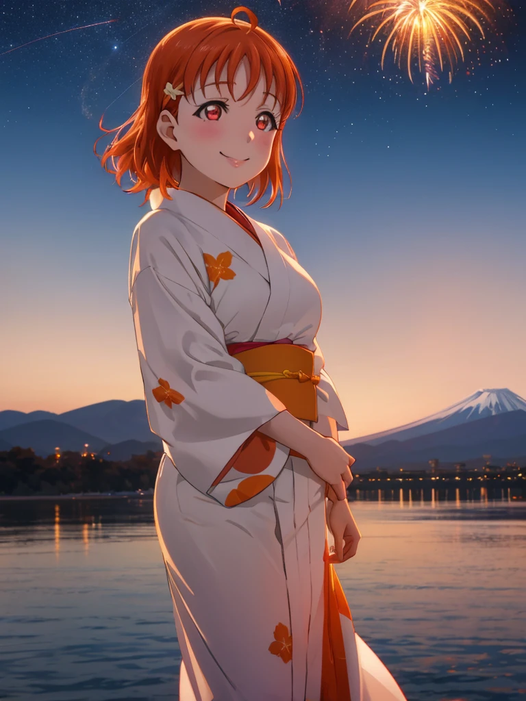 Create an image of Chika Takami from Love Live! Sunshine. She has orange hair, red eyes, and is wearing a white yukata. Her hair is gently swaying in the wind as she smiles. It’s nighttime with stars in the sky, set in Numazu with mountains and Mount Fuji visible. A single firework is lighting up the scene.One girl, Highest quality, Anatomically correct, far and near method, 