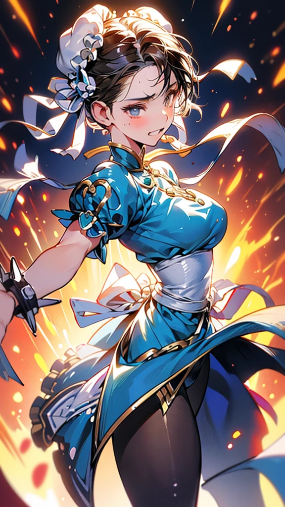 {{masterpiece}}, {{{Highest quality}}},{{Very detailed}},sf2 to,Chunli,Combat Stance,from side,Cowboy Shot,Focus on legs{{{Mature woman fighting}}},{{疲労でSweatをかいている成人女性}},Sweat,,Small breasts,{{Blushing}},{{V-shaped eyebrows}},{{Blue clothes}},{{puffy short sleeve}},{{{Blue Chinese dress with gold lines}},{Bunhead}},{Small face},, ,{{spike bracelet}},{{Tied Hair}},,{{Thin legs}},{{White belt}},,Slender body}}{{ blue pelvis curtain}}, , sash, Brown pantyhose, ,,blush,Wrinkles ,amount,Grit your teeth,suffering,v-shaped eyebrows.,Sweat dripping,Medium chest ,get annoyed,,ruins,,Bunhead,Good cover,Fighting Pose,