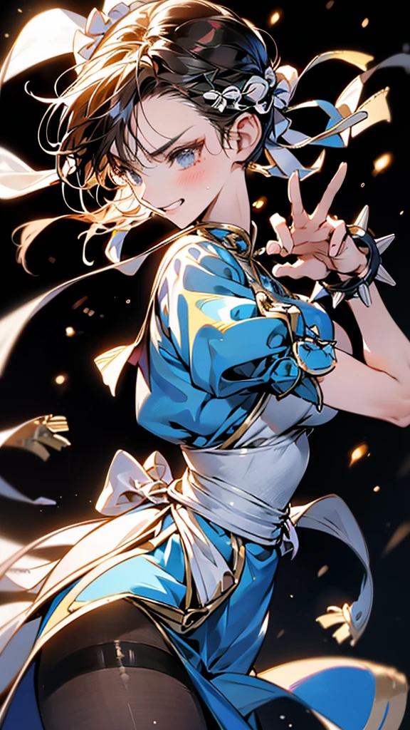 {{masterpiece}}, {{{Highest quality}}},{{Very detailed}},sf2 to,Chunli,Combat Stance,from side,Cowboy Shot,Focus on legs{{{Mature woman fighting}}},{{疲労でSweatをかいている成人女性}},Sweat,,Small breasts,{{Blushing}},{{V-shaped eyebrows}},{{Blue clothes}},{{puffy short sleeve}},{{{Blue Chinese dress with gold lines}},{Bunhead}},{Small face},, ,{{spike bracelet}},{{Tied Hair}},,{{Thin legs}},{{White belt}},,Slender body}}{{ blue pelvis curtain}}, , sash, Brown pantyhose, ,,blush,Wrinkles ,amount,Grit your teeth,suffering,v-shaped eyebrows.,Sweat dripping,Medium chest ,get annoyed,,ruins,,Bunhead,Good cover,Fighting Pose,