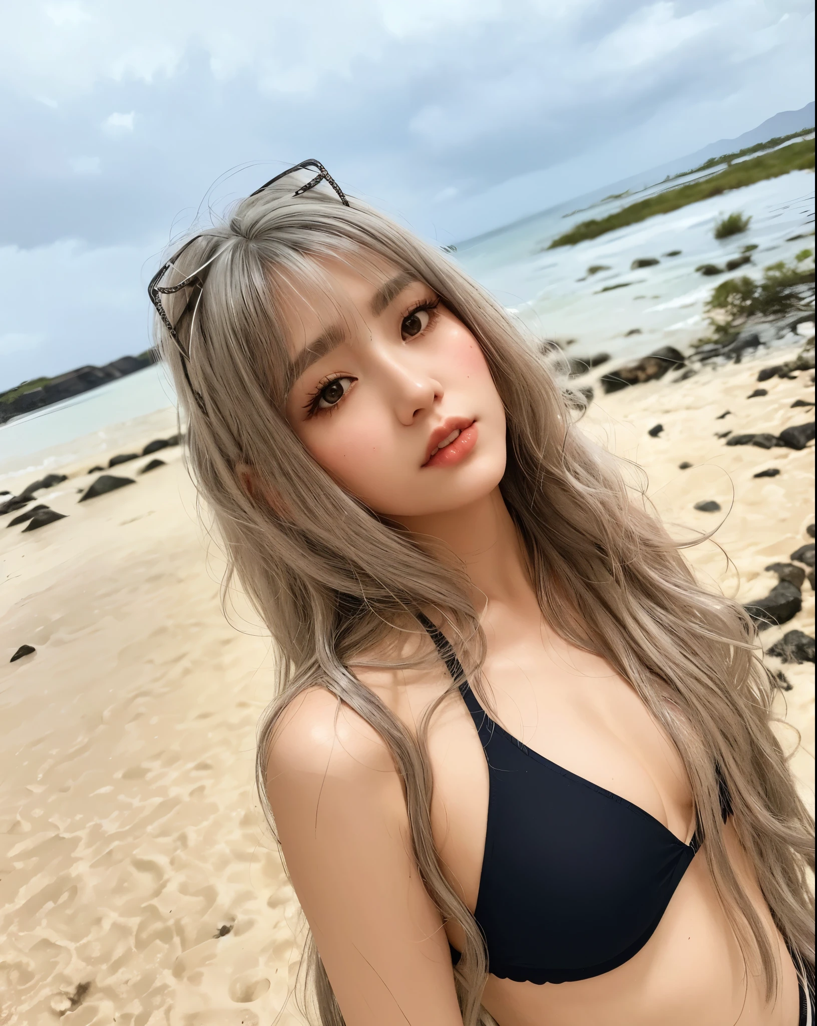 A close-up of a woman with long hair and a white shirt, Silver Hair Girl, cruel korean goth girl, color gris, silver colour, White Hime Cut Hairstyle, Cloudy gray hair, Two-color hair, silver hair girl, white highlights in hair, flowing silver hair, with silver hair, with black and silver curly hair, flowy white gray hair