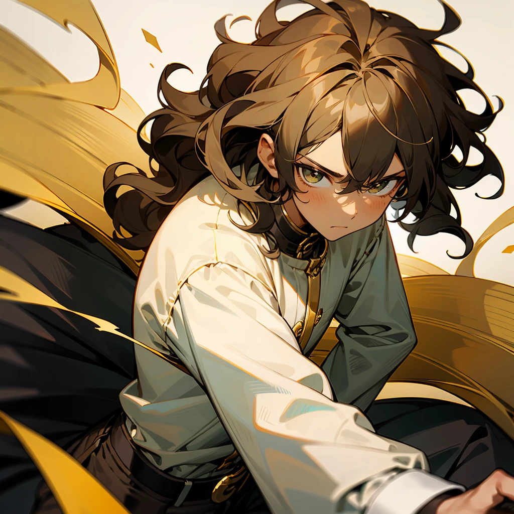 1male , Calm Expression , Wavy Hair ,Black Hair , Gold Highlighted Hair , Fitted white Long-sleeve shirt , Combat clothing , Dark Skin , Young Male