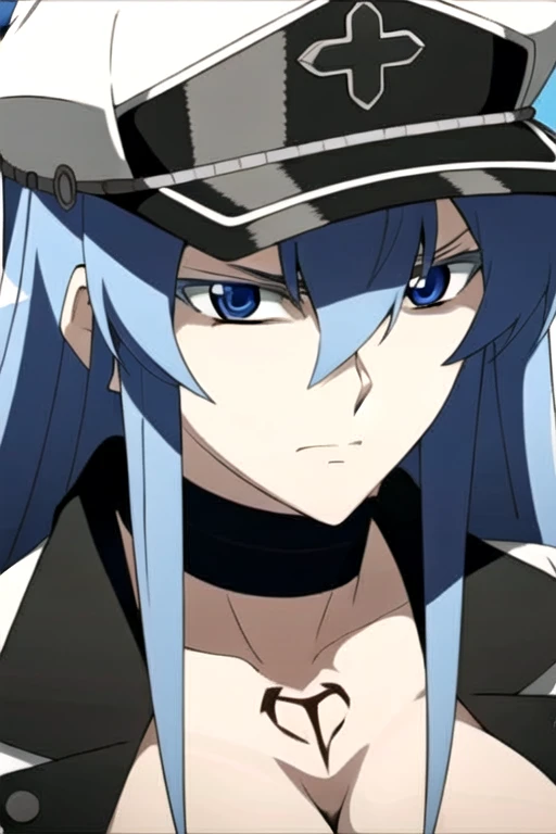 Esdeath, angry facial expression, breasts, large breasts, hat, cleavage, choker, hair between eyes, uniform, military, military uniform, tattoo, peaked cap, chest_tattoo, close-up
