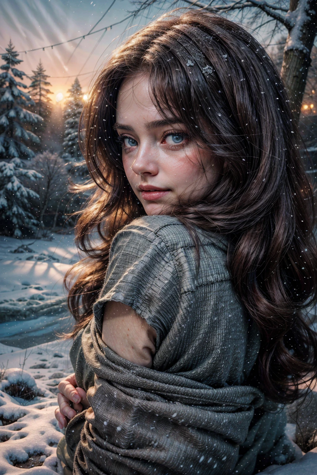 a mature 40s female teacher, beautiful detailed eyes, beautiful detailed lips, extremely detailed face and skin, long hair flowing down shoulders, BLOND HAIR, teasing smile, satin RED panties, looking back coyly, (best quality,4k,8k,highres,masterpiece:1.2),ultra-detailed,(realistic,photorealistic,photo-realistic:1.37),beautiful lighting,dreamy atmosphere,cinematic,high quality portrait,elegant,sensual,provocative a snowy winter landscape in siberia, snow covered pines, frozen lake, beautiful detailed sky, dramatic lighting, highly detailed, (best quality,4k,8k,highres,masterpiece:1.2),ultra-detailed,(realistic,photorealistic,photo-realistic:1.37),stunning scenery, soft lighting, atmospheric, cinematic composition, muted color palette, cold tones
