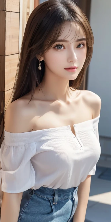 Realistic、Highest quality、Highest quality、masterpiece、Ultra-high resolution、RAW Photos、Realistic、Bright lighting、Face Light、Smooth Professional Lighting、Looking into the camera、alone、Adult female、Beautiful woman、Super Beauty、Realistic肌、Moisturized Skin、Realistic eyes and faces、Perfect model body shape、Beautiful Eyes、Big eyes、Inconspicuous tear bags、slim、Big Breasts、Very good、No makeup、Camel Toe、Very long hair、Black Hair、black eye、seems to be happy、The ears are hidden by the hair、Beautiful and attractive woman in fashion trends, Gentle and charming Chinese beauty, Delicate and sexy collarbone, Attractive oval face, double eyelid, Clever pink eyes, Pink Lips, Small Nose, Expose your shoulders, Focus on the face, Face close-up, Ultra-high resolution, Very detailed, The white off-shoulder shirt matches perfectly with the light blue slit skirt.., Fresh and impressive