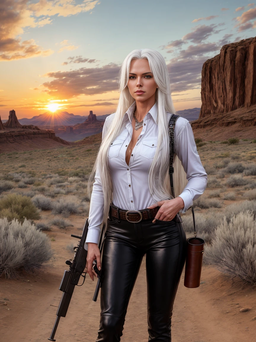 full body realism, a woman with long white hair wearing black leather pants and a plaid shirt is standing next to a gun holster in front of a wild west landscape at sunset