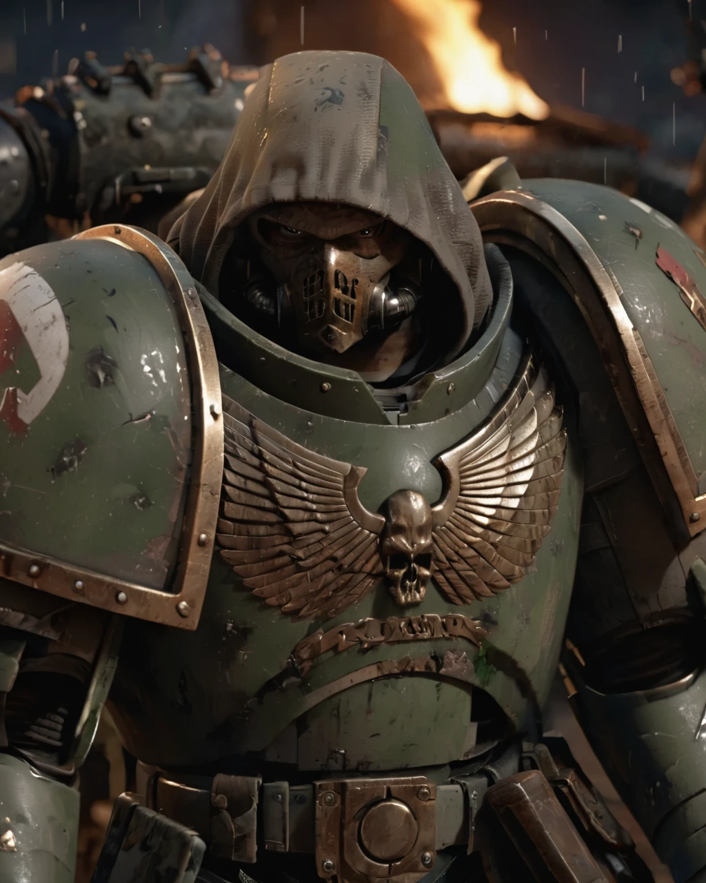HD, 8k, high quality, animated style, a man in knight armor, (wearing a camouflage hood:2), out of focus, angle shot, outside in the rain, (camouflage armor:2.5), wearing a hood over the face, lit by fire in the background, Whole body, bright Eyes, jungle background, at night, clamping bolt, knight armor in the background