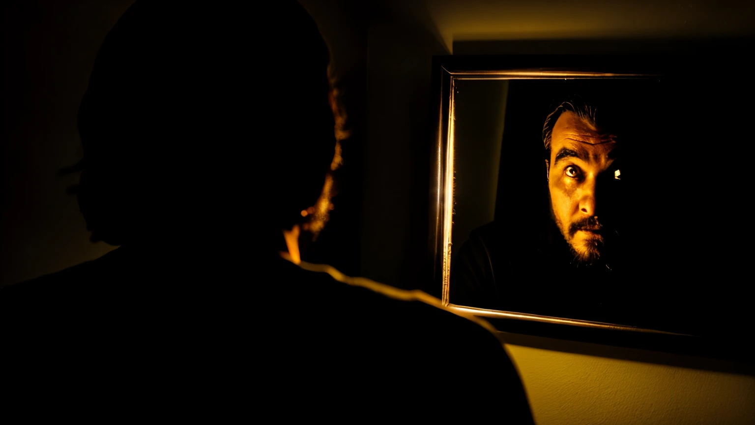 Cinematic, medium shot of the shadowy figure reaching out towards the storyteller in the mirror, its disfigured face filled with pain and anger, the atmosphere dark and foreboding, a scene from a horror movie, a macabre and dark atmosphere at night
