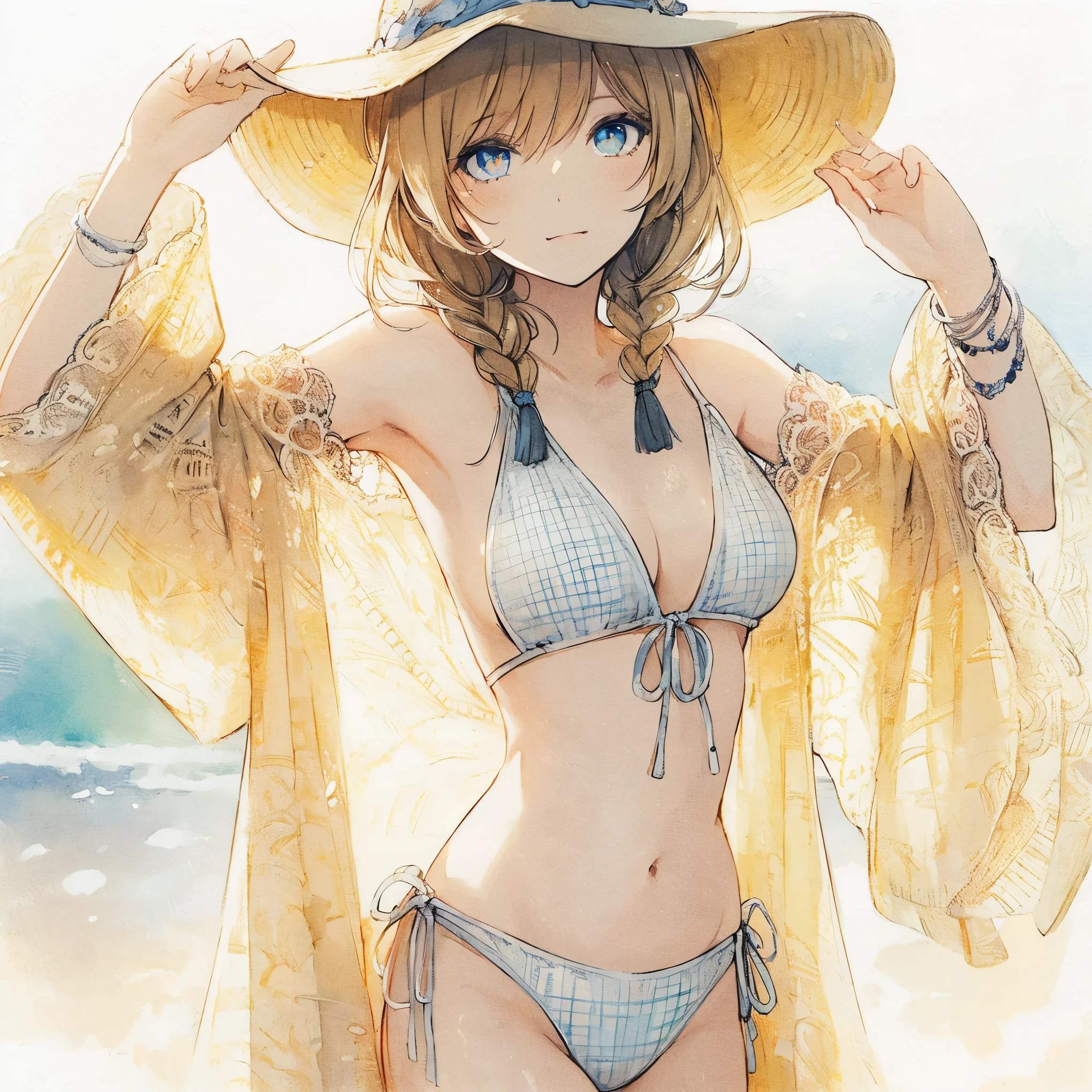 Official art using high-quality hand-drawn watercolor sketch techniques. (best quality,4k,8k,highres,masterpiece:1.2),ultra-detailed,beautiful detailed eyes,A girl with beautiful eyes, everyone, beautiful anime girl, cute anime girl, smooth anime art, anime style, elegant colors, soft lighting, delicate beautiful eyes, very coquettish, (beautiful large breast:1.2), (correct hands:1.2),