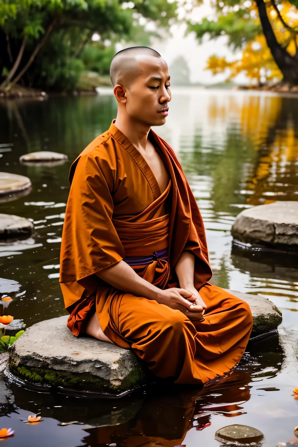 Meditation video with binaural music budhist monk in burnt orange sitting near water with lit lotus flowers