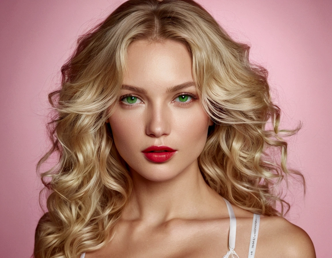 a russian woman with long wavy blonde hair, modelling a Victoria's Secret two-piece lingerie catwalk. She has a serene expression with green eyes, soft lips with a hint of red lipstick and fair, smooth skin with a hint of natural glow. The background is empty, high resolution camera, natural lighting, modern realism, party atmosphere, hd quality, natural look --ar 16:9 --v 6.0