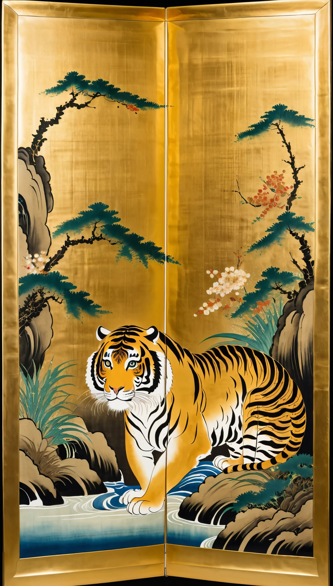 masterpiece,Folding screen depicting a tiger,Ink and water Japanese painting,(Beautiful gradation created by layering),(Tarashikomi technique),(A gold dust base with a three-dimensional floral pattern)