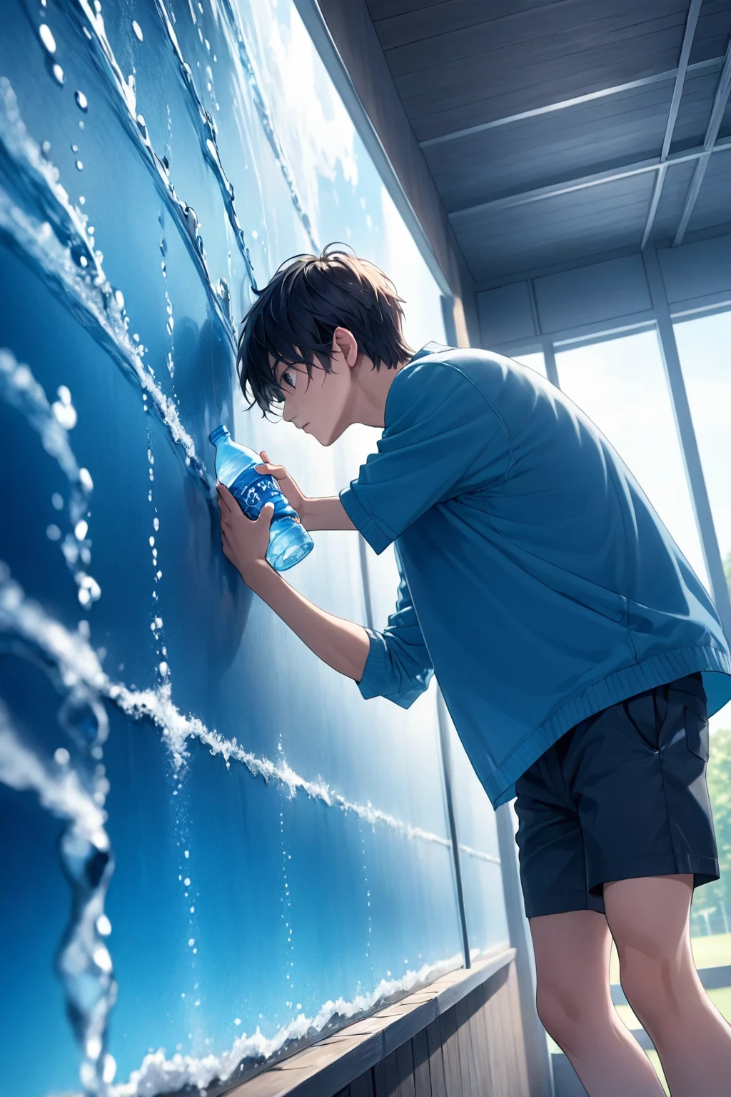 (masterpiece, Highest quality:2),(Depth of written boundary HDR 8K 4K 壁紙 シネマティックアングル, Cinema Lighting, :1.5),One boy,high ,,summer,Energetic,Sweat,Have a plastic bottle,Drink mineral water,summer breeze,Depth of written boundary,