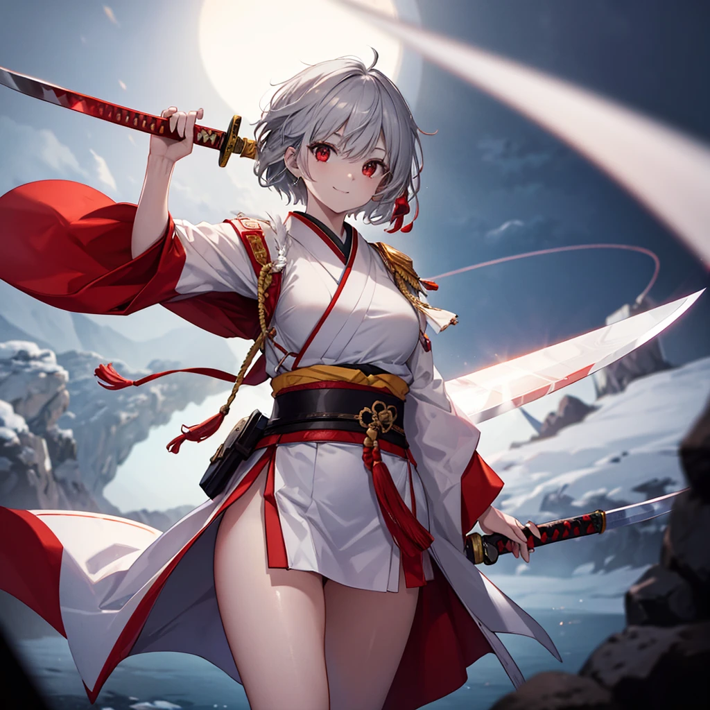 (((((1 person　Gray Hair、short hair、Red Sideburns　White and red clothes、shoulder)))))　((((High resolution　Japanese sword、Shining blade　Visible thighs))))　(((Black Belt　warrior　military commander、Close-up　smile　Red eyes)))　((Bright red butterfly　night　Japanese style、old　Shining Aura　garden、water surface　full moon　Catch the wind))　(Shining Background　Shining Edges)