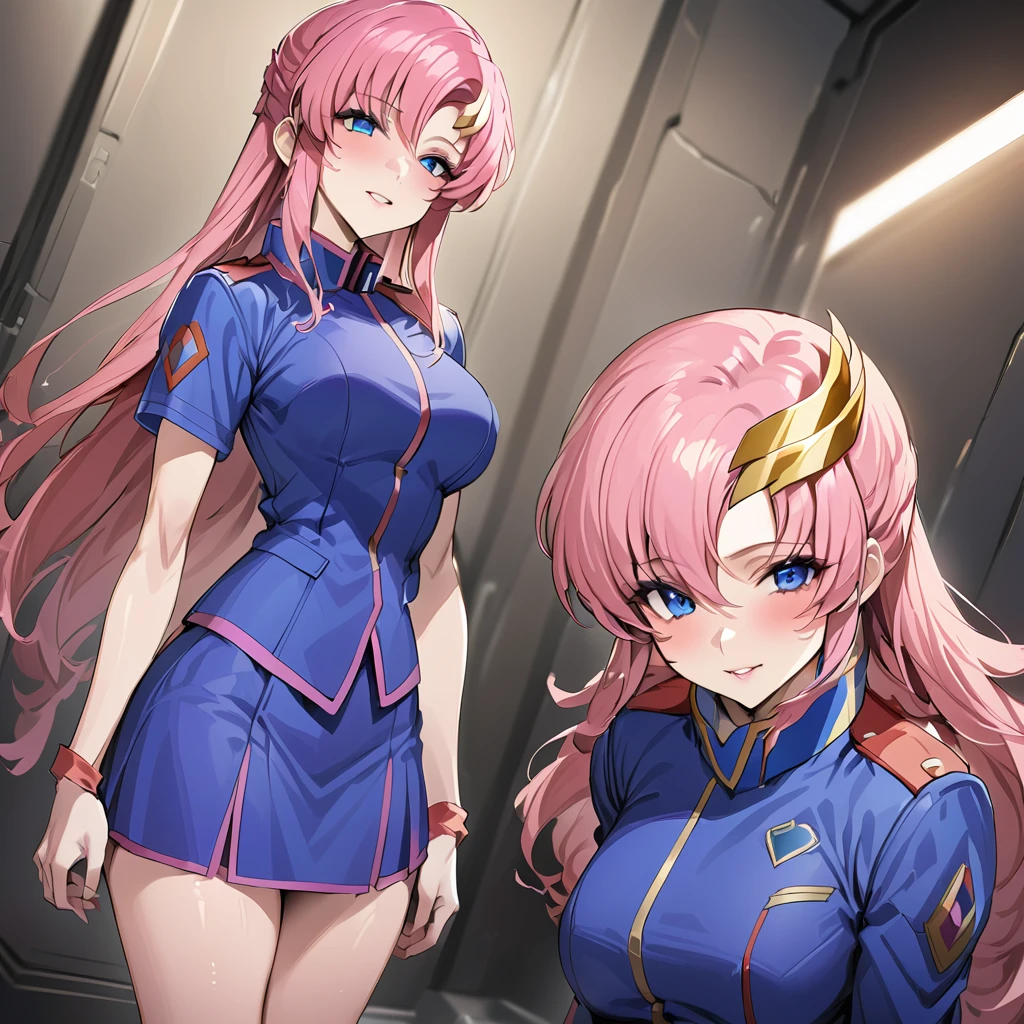 ((Highest quality)), ((masterpiece)), (detailed), (Perfect Face)、Gundam SEED、The woman is Lacus Clyne, a member of the Blue Cosmos, with blue eyes, pink hair, medium-long hair and a hair accessory.、The woman is a female officer in the Earth Federation Army and is wearing an Earth Federation Army uniform.
