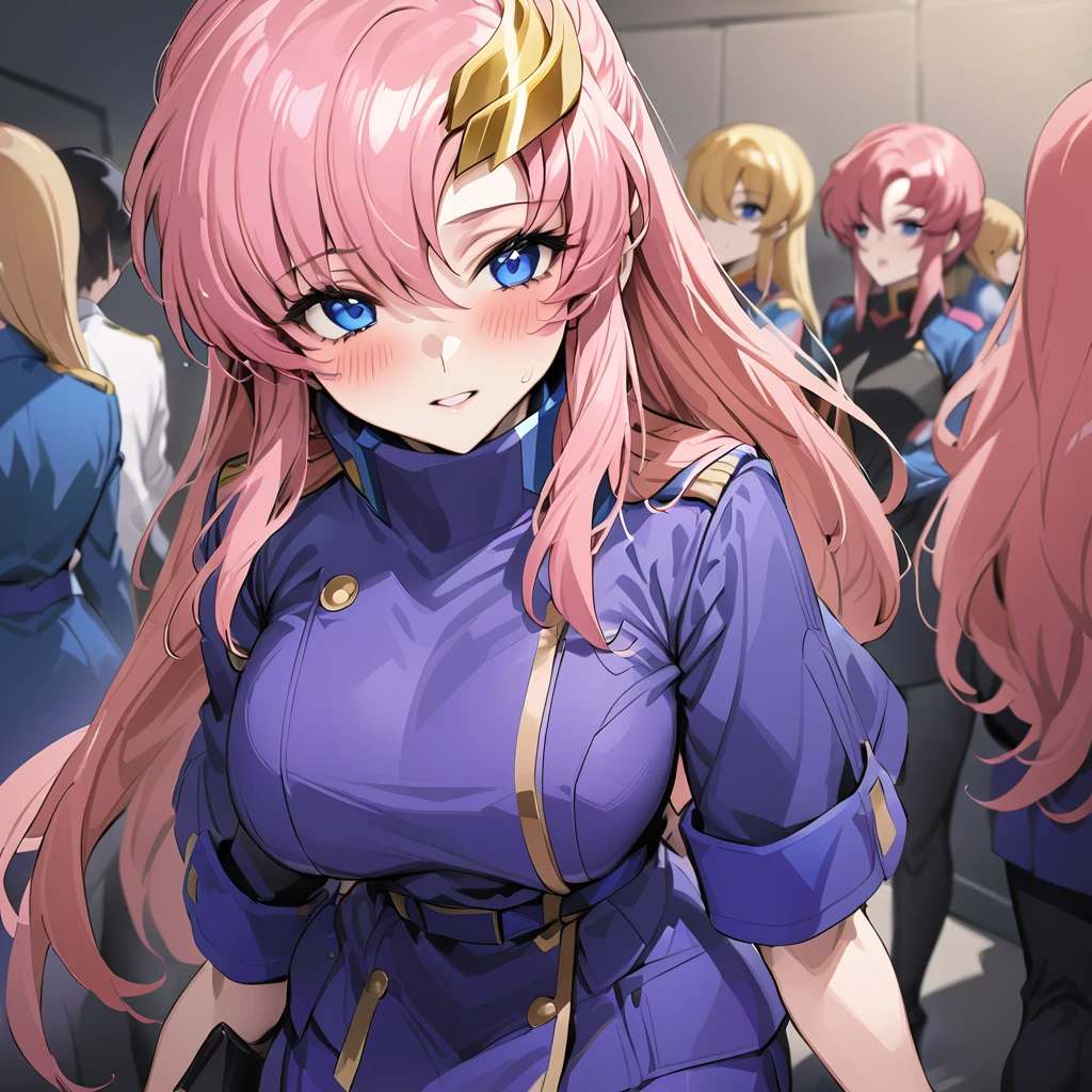 ((Highest quality)), ((masterpiece)), (detailed), (Perfect Face)、Gundam SEED、The woman is Lacus Clyne, a member of the Blue Cosmos, with blue eyes, pink hair, medium-long hair and a hair accessory.、The woman is a female officer in the Earth Federation Army and is wearing an Earth Federation Army uniform.