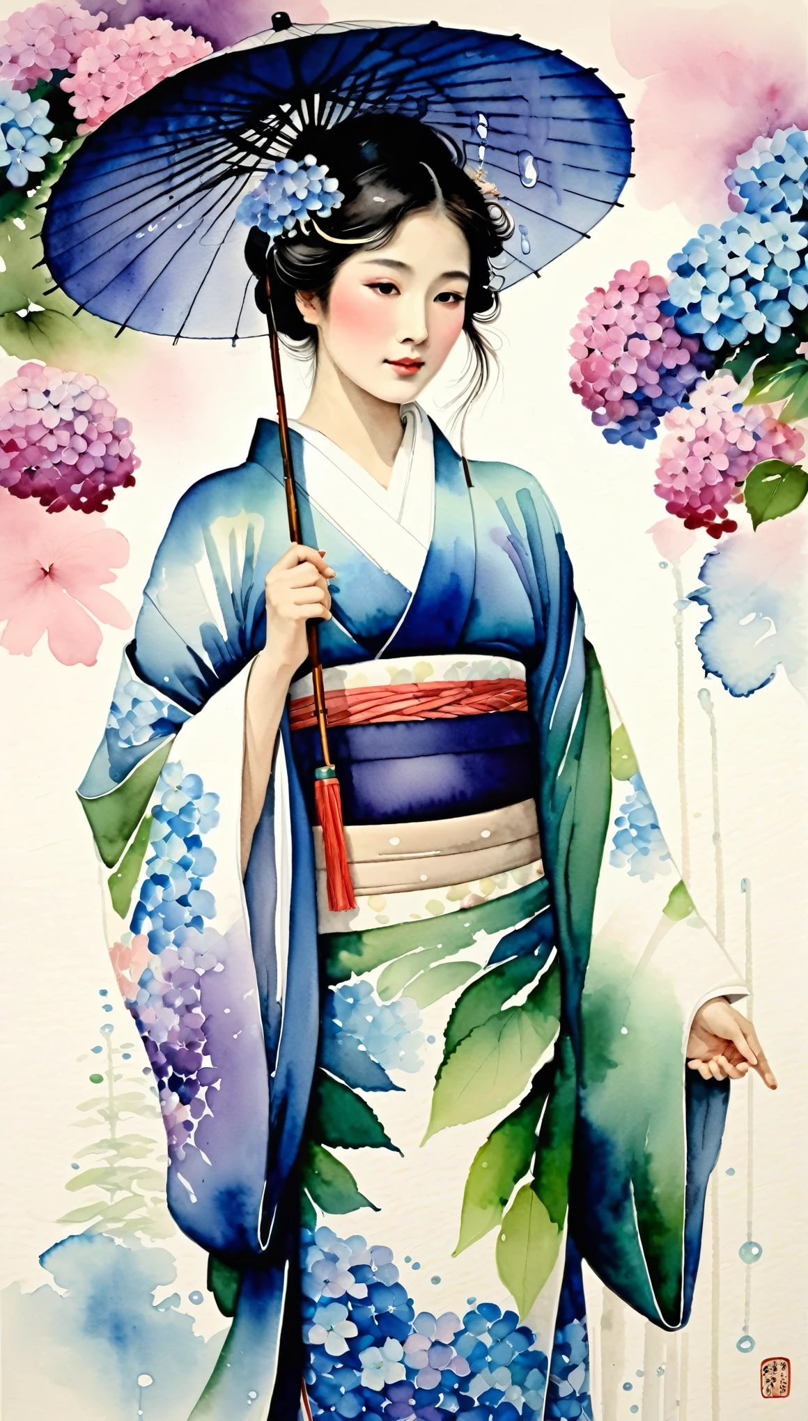masterpiece,A Japanese ink and water painting of a Japanese woman in a beautiful kimono,The rainy season is,Beautiful Hydrangea Base,(Beautiful gradation created by layering),(Tarashikomi technique),