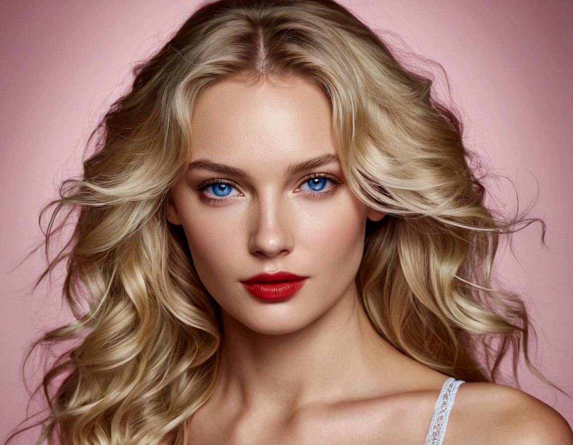 a russian woman with long wavy blonde hair, modelling down a catwalk victoria secret lingerie two-piece. She has a serene expression with blue eyes, soft lips with a hint of red lipstick and smooth fair skin with a hint of natural glow. The background is empty, high resolution camera, natural lighting, modern realism, party atmosphere, hd quality, natural look --ar 16:9 --v 6.0Russian