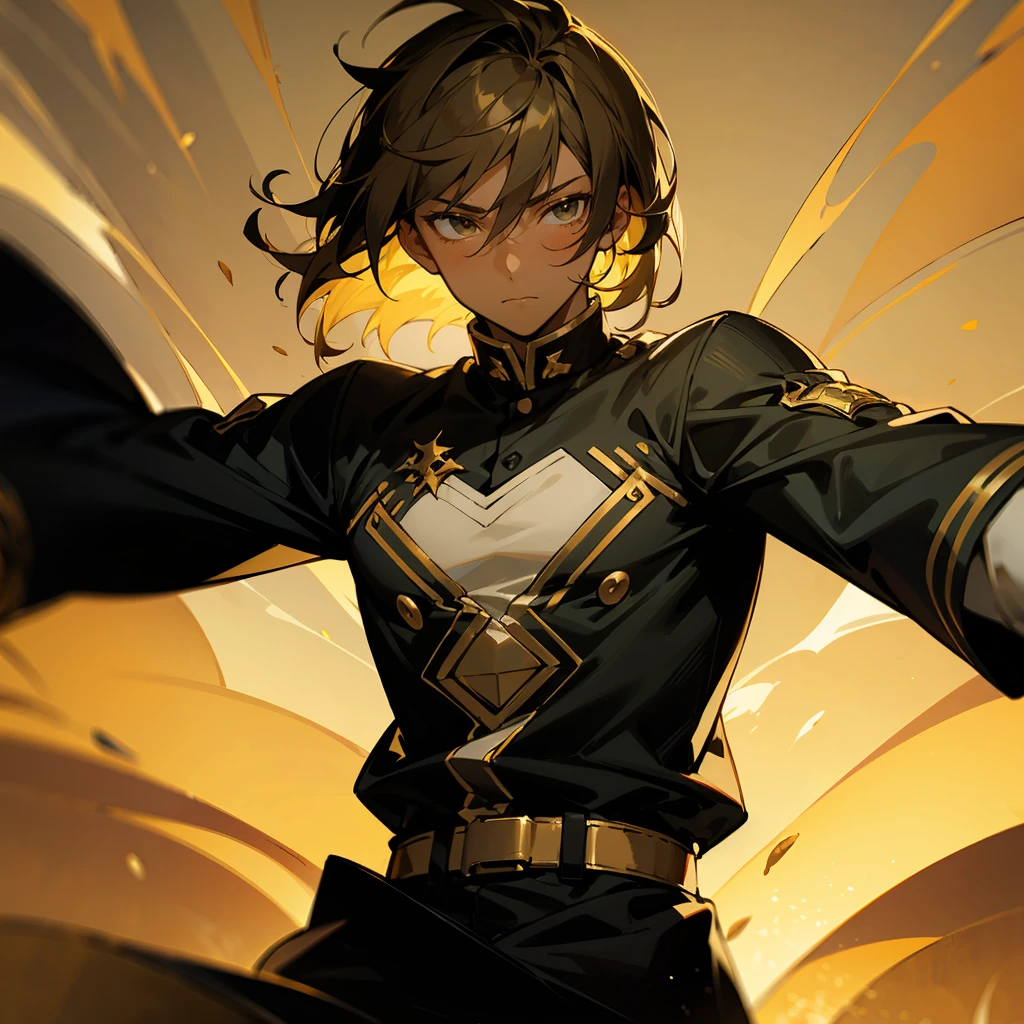 1male , Calm Expression , Ombre Hair ,Black Hair , Gold Highlighted Hair , Fitted white Long-sleeve shirt , Combat clothing , Dark Skin , Young Male